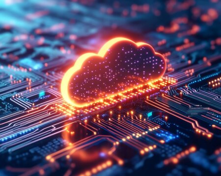 A vibrant digital cloud symbol glowing on a circuit board, representing advanced technology and cloud computing concepts.