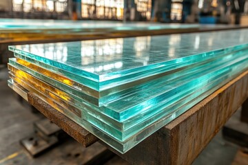 A stack of glass plates resting on a wooden table, ready for use
