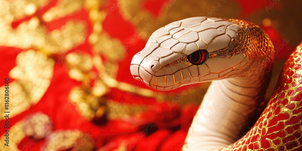 Aufkleber a close-up view of a snake's head and body on a red cloth, suitable for use in designs where a repti