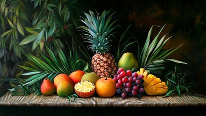 An artistic arrangement of tropical fruits, including pineapple, mango, and papaya, on a bamboo mat, with lush greenery as a backdrop. Vibrant colors for exotic nutrition  