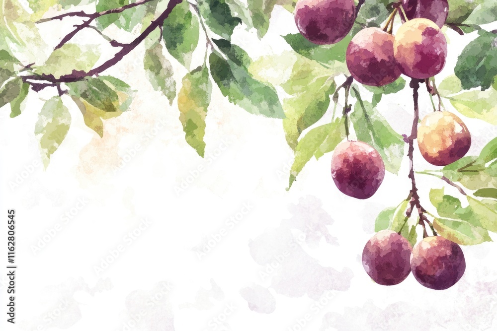 Poster fresh plums hang from branches of a tree in this still life image