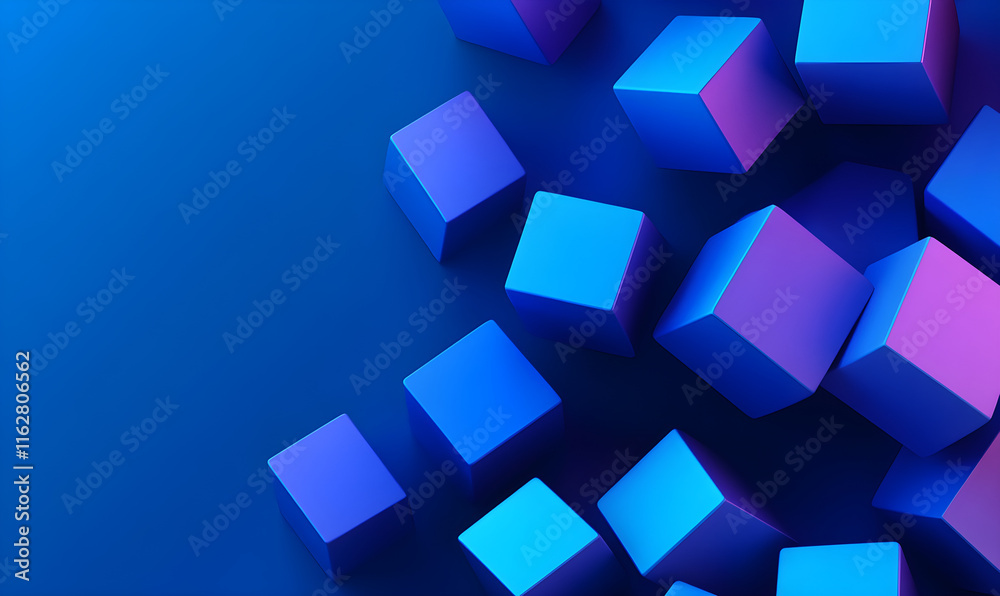 Wall mural the image features a modern 3d abstract design with multiple blue and purple cubes floating against 