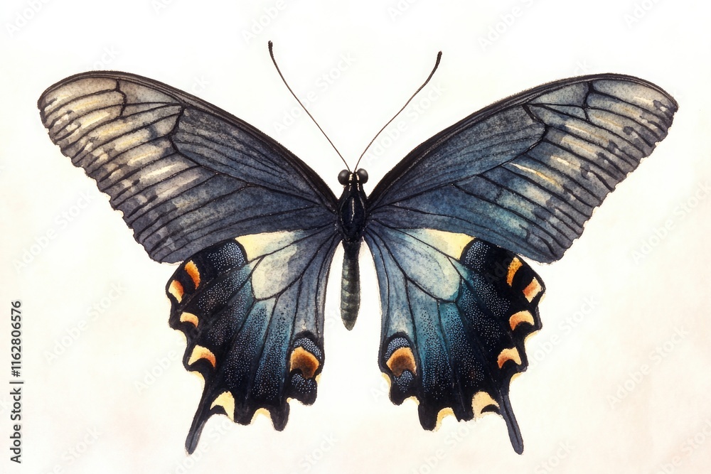 Poster a single black and yellow butterfly sits on a white background, ideal for use in illustrations or de