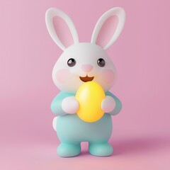 Obraz premium Easter bunny and hope concept. Cute cartoon bunny holding a yellow egg on a pink background.