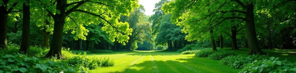 Fototapeta premium Dense foliage of green trees surrounding a clearing, summer foliage, nature, flora