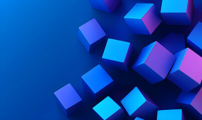 Obraz premium The image features a modern 3D abstract design with multiple blue and purple cubes floating against a gradient background.