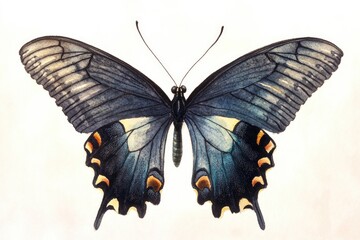 A single black and yellow butterfly sits on a white background, ideal for use in illustrations or designs where a pop of color is needed