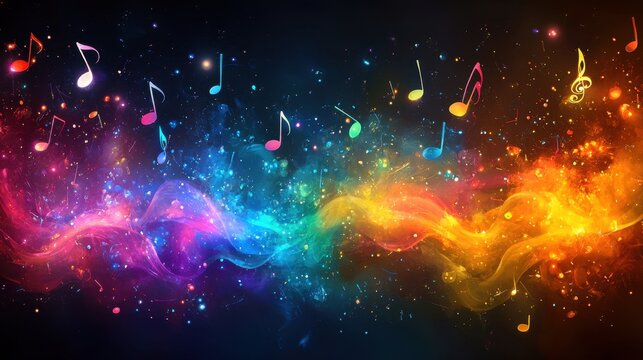 A vibrant backdrop with stylized rainbow musical notes flowing across the design and a blank central area for text 