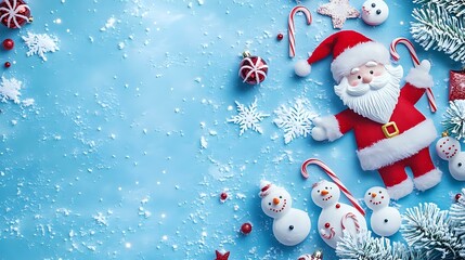 Playful Christmas and New Year banner with cartoon-style Santa Claus, snowmen and candy canes over a frosty blue background