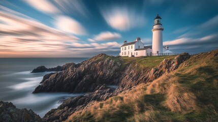 Naklejka premium Serene Lighthouse with Long Exposure Seascape View