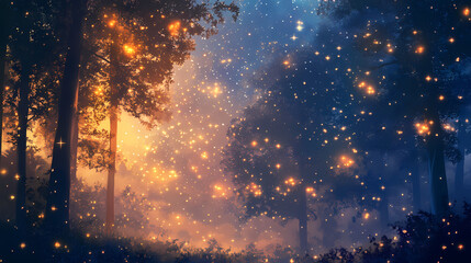 The shimmering starfall casts a warm romantic haze upon the landscape evoking feelings of wonder and enchantment. Starfall. Illustration