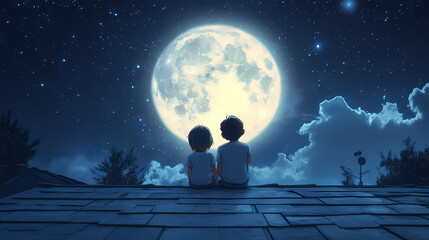 Obraz premium Two cute kids sit on the roof at night and look at the sky under the full moon. little boy and girl. generative ai. Starfall. Illustration