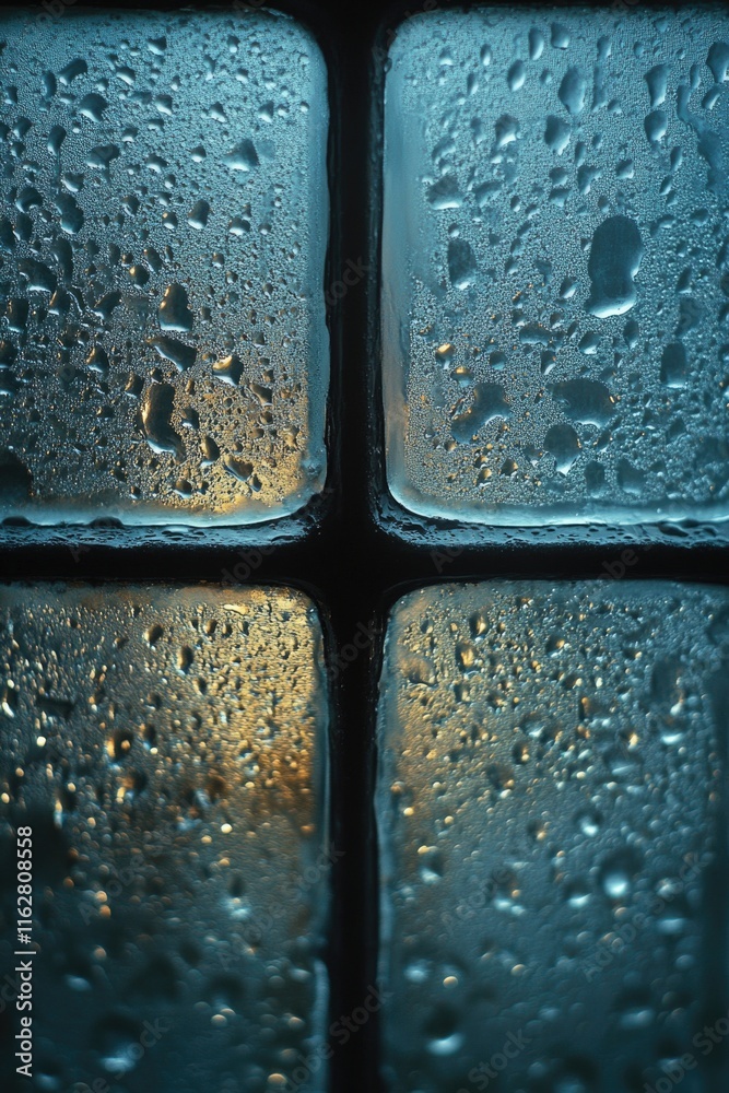 Poster a close-up view of a window with water droplets on the glass, suitable for use in illustrations or d