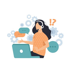 Customer service, hotline operators consult customers with headsets on computers, 247 global online technical support, Call center, call processing system, Vector illustration