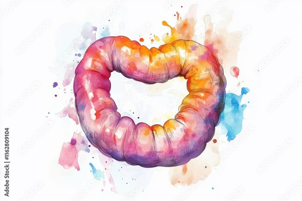 Poster a close-up view of a worm on a plain white surface, depicted in watercolor style