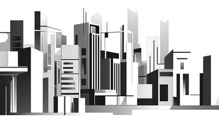 Monochrome illustration of a futuristic cityscape with various buildings and structures.