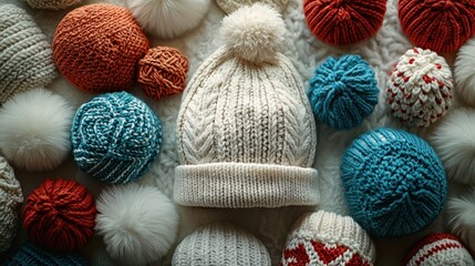 White knitted winter hat with pompom surrounded by colorful yarn balls.