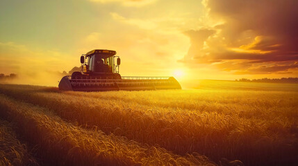 Fototapeta premium Farm combine harvester agriculture field, sunset farming machinery crop, rural wheat harvest landscape, golden grain agricultural scene