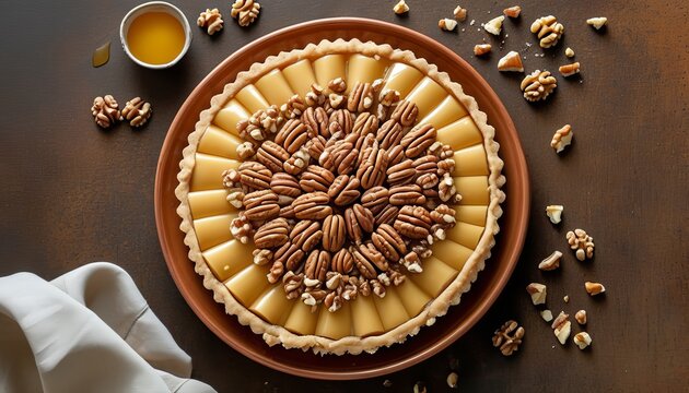 Delicious Swiss Nusstorte on Wooden Plate Surrounded by Nuts and Maple Syrup