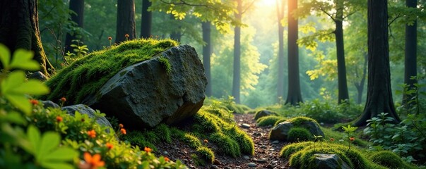 Moss-covered boulder in sunlit forest clearing, ferns, forest, wildflowers