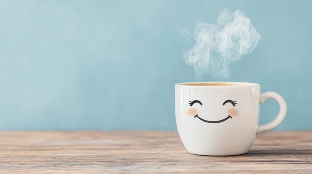 A cheerful coffee cup with a smiling face releases steam against a soft blue background, evoking a cozy and happy atmosphere.