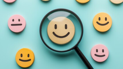 A magnifying glass highlights a cheerful smiley face among colorful smiley tokens on a blue background.