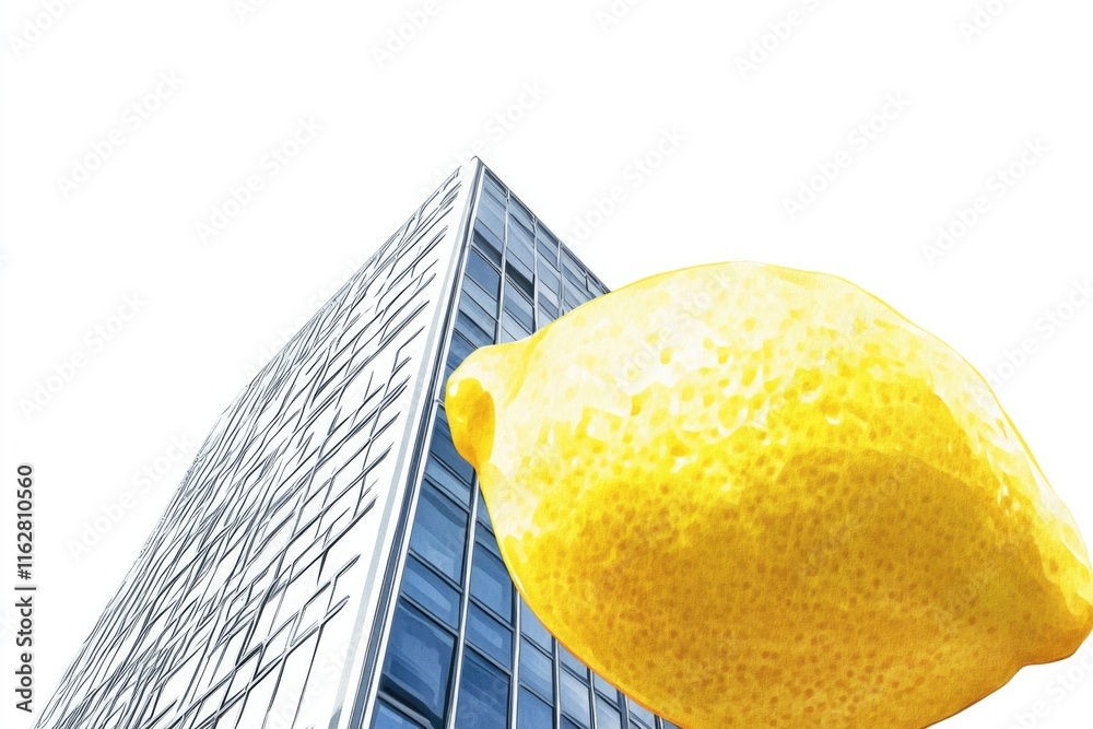 Poster a large yellow lemon sitting on the ground in front of a tall building