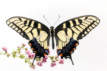 A black and white butterfly sits on a pink flower, great for spring or garden themes