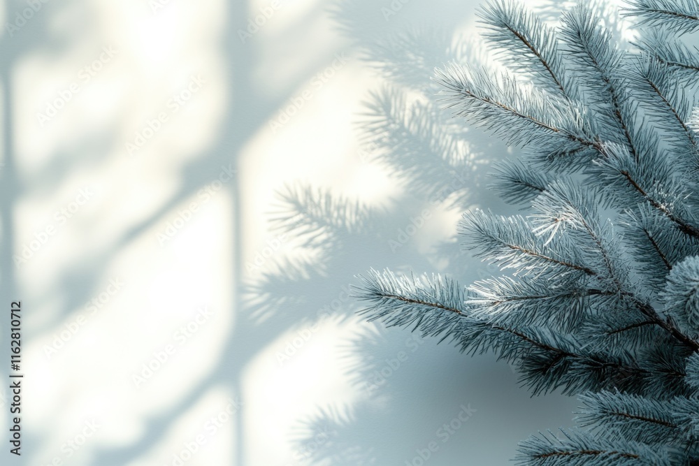 Poster A close-up of a pine tree with a window in the background