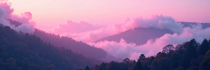 Fototapeta premium pink clouds of fog slowly descend upon a somber landscape, mystical landscape, soft focus