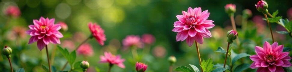 Obraz premium Pink dahlia blooms in a garden filled with lush greenery, foliage,