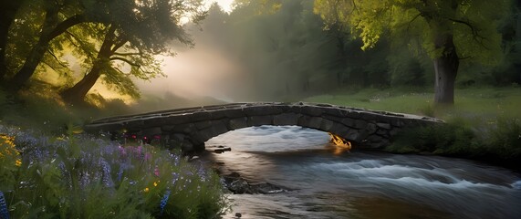 Fototapeta premium A picturesque scene of an old stone bridge crossing a gentle stream surrounded by trees and wildflowers inviting a sense of nostalgia