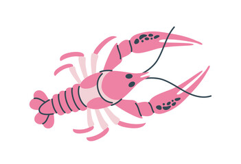 Vibrant pink lobster with detailed claws and antennae, perfect for seafood, marine, and culinary designs. Flat vector illustration isolated on white background