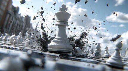 White king piece powerfully exploding on chessboard.