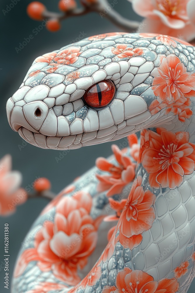 Poster a close-up view of a snake coiled around a branch adorned with flowers