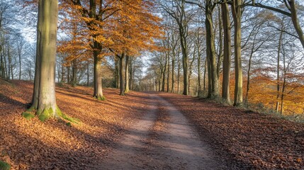 Obraz premium Tranquil Forest Path with Autumn Foliage and Light