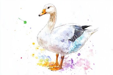 Obraz premium Watercolor painting of a single duck sitting on a clean white surface