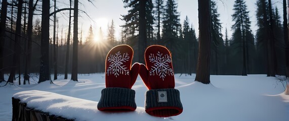 A pair of woolen mittens placed on a wooden surface on a snow dusted forest trail set against a backdrop of tall snow laden trees