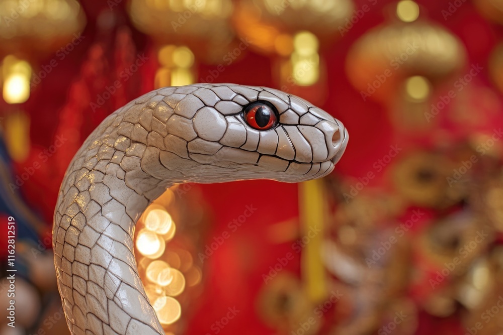 Poster a detailed view of a snake's head and body from a sculpture or statue