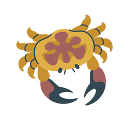 Yellow crab with detailed shell patterns and large black claws, designed in a cartoon style, isolated on a white background, ideal for marine-themed designs. Flat cartoon vector illustration