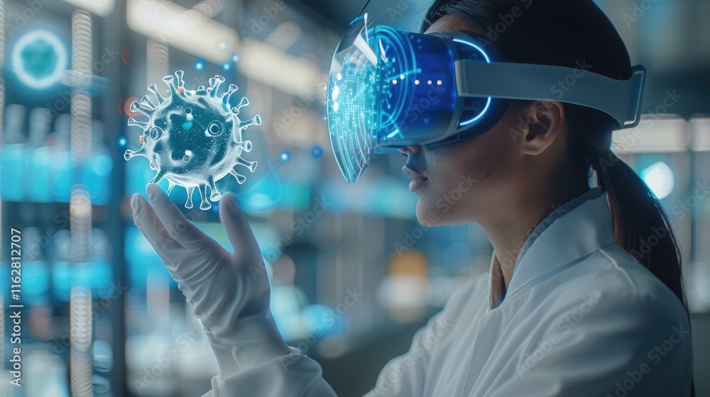 Poster a scientist wearing vr glasses and holding their hand out to touch the virtual, computerized virus m