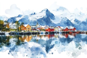 Fototapeta premium Watercolor painting of a serene town on the edge of a lake, ideal for use in travel or tourism contexts