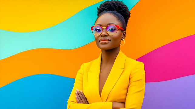 Woman in a yellow suit and colorful glasses stands proudly against a lively backdrop