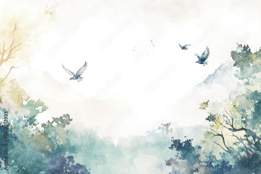 Poster birds soaring through trees in a dense forest