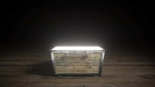 Old wooden treasure chest isolated in a large room. Chest opens revealing a bright treasure.