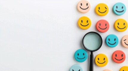 Fototapeta premium A collection of colorful smiley face tokens arranged with a magnifying glass, symbolizing happiness and positivity.