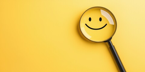 A magnifying glass reveals a cheerful smiley face on a bright yellow background, symbolizing positivity and happiness.