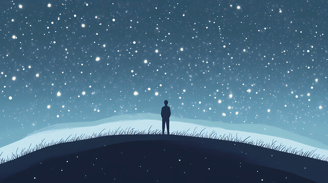 Star gazer standing on a hill mesmerized by a sky full of stars and a dazzling starfall enchanting atmosphere. Starfall. Illustration