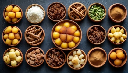 Colorful Display of Ugandan Mandazi with Various Toppings in Unique Bowls on Dark Surface