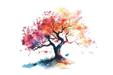 Obraz premium A vibrant watercolor illustration of a tree with bright colors and intricate details